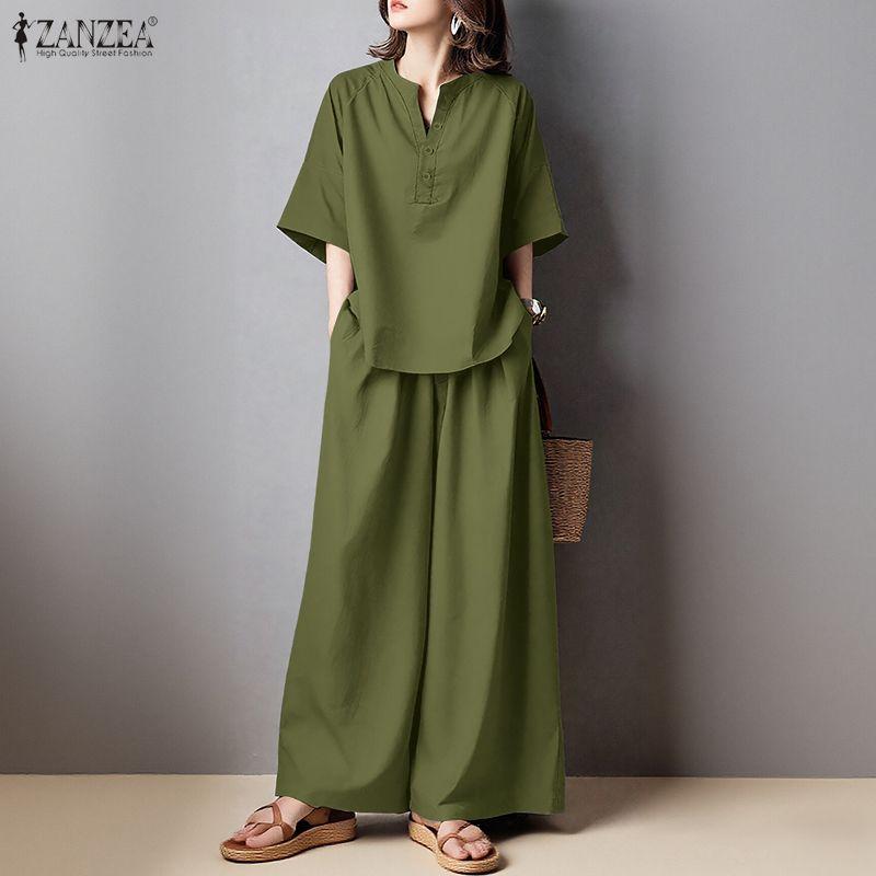 ZANZEA Women 3/4 Sleeve Blouse and Pants Casual Two Piece Suit Sets