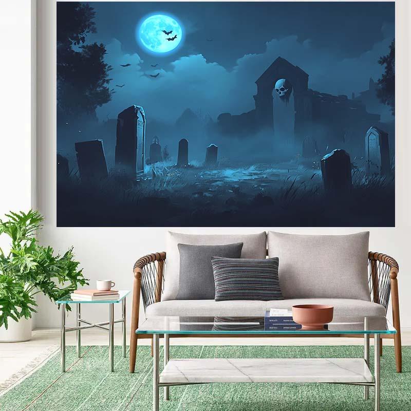 1 Halloween Gothic style cemetery background curtain with full moon and tombstone no need for electricity Halloween decoration