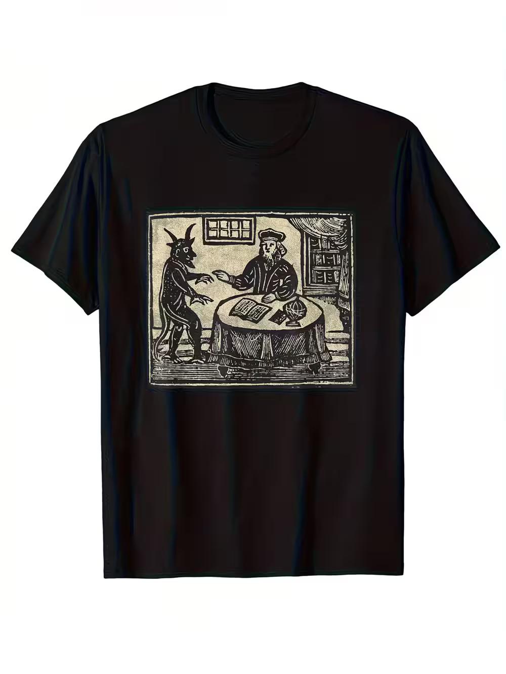 

Men s Gothic Horror Graphic T-Shirt- Devil J. S. Dramatic Wooden Pole& Mirror Design XXL