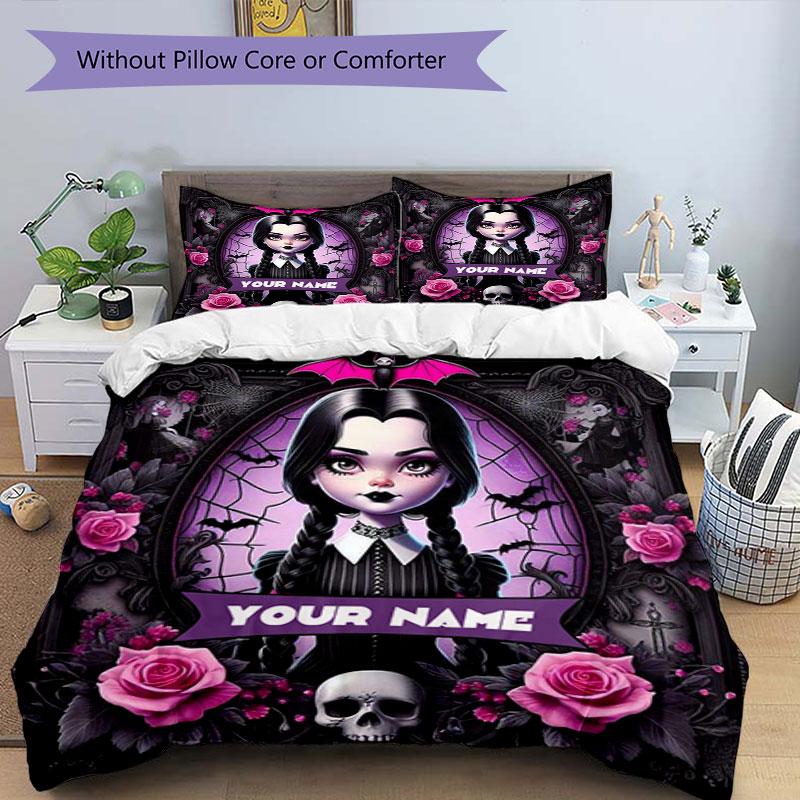 3PC Custom Name Gothic Halloween Portrait Bedding Set Printed Bedding Set Duvet Cover Closure Includes 1 Duvet Cover & 180 Pillowcases for Bedroom