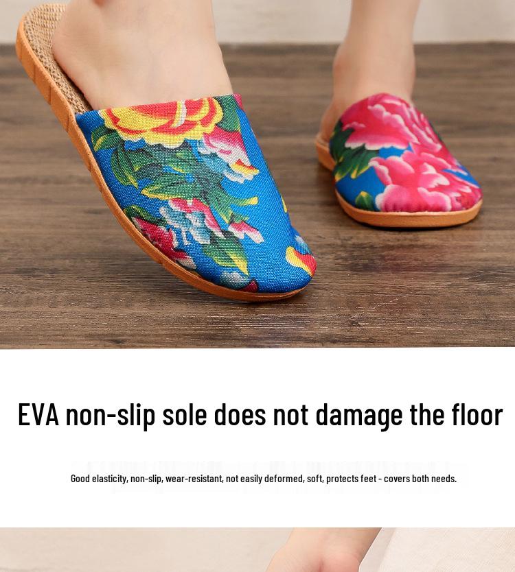 Women's Ethnic Peony Print Linen Half Slippers - Large Size