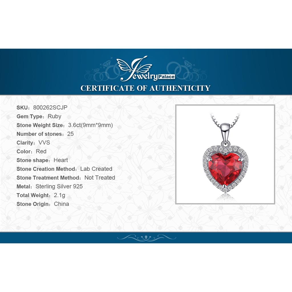 JewelryPalace Heart Love 3.6ct Created Ruby 925 Silver Pendant Necklace for Women No Chain Fashion Fine Jewelry Gift