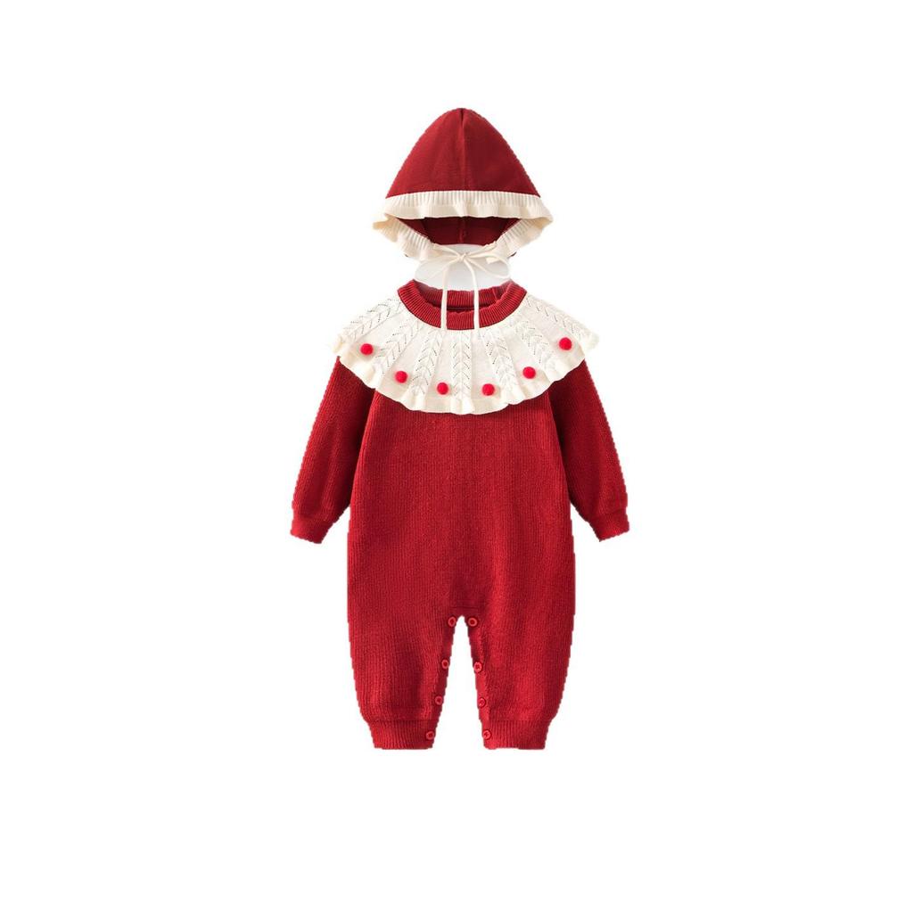 Newborn Baby Girl Knit Sweater Onesie - Autumn/Winter Princess Style Full Moon Bodysuit for 100 Days Celebration
