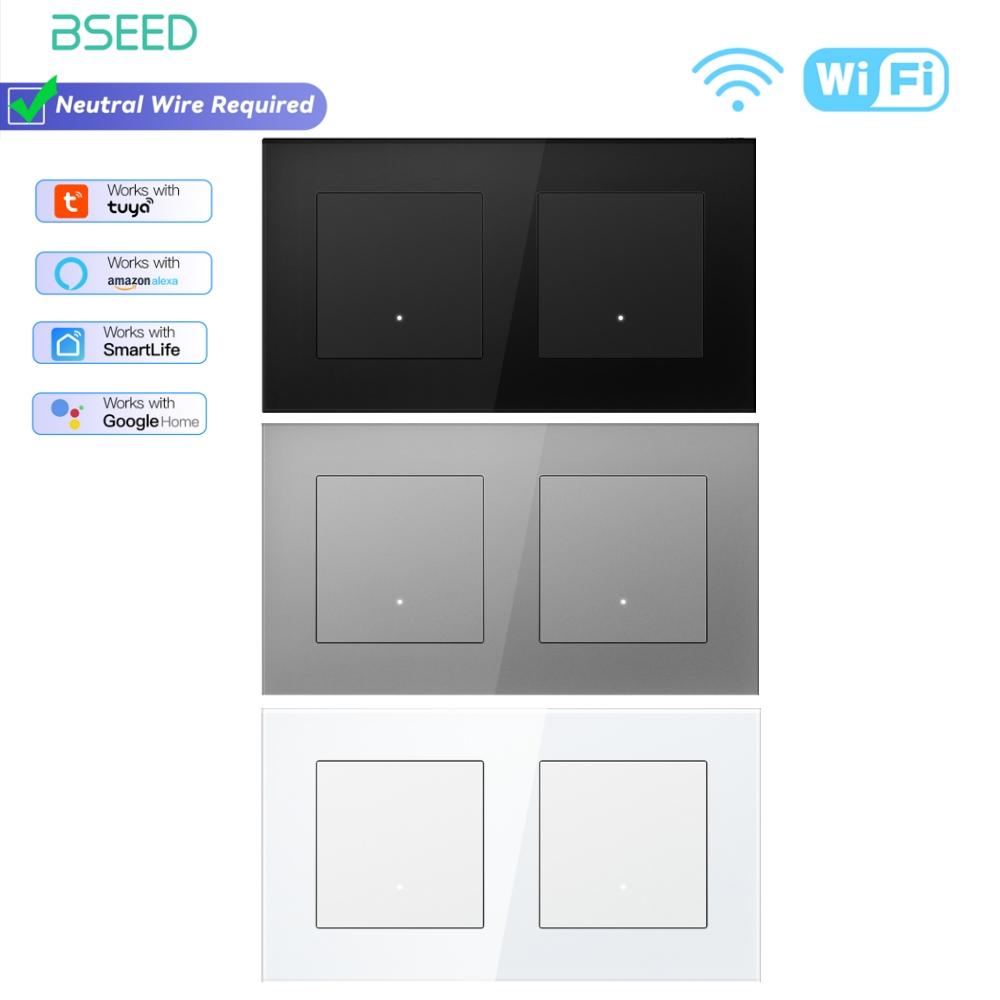 

BSEED WIFI Click Switches Series 1/2/3/4Gang Wall Smart Light Switches Yellow Backlight Glass Frame For Tuya APP EU Standard White 1Piece&EU standard
