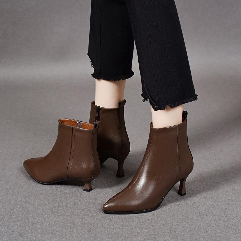 Pointed Short Boots Women's 2025 British Style Simple Temperament Thin High-heeled Women's Boots Fashion Boots Leather Boots Velvet and Thin Ankle Bo