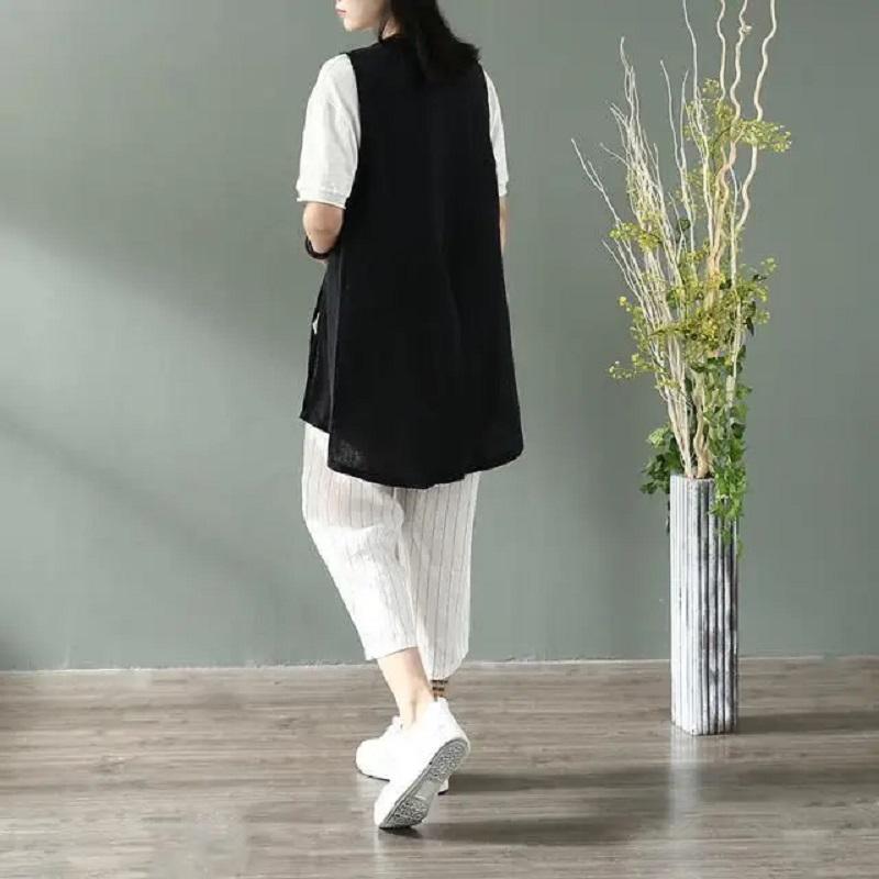 Womens Cotton Linen Vest V-neck Long Waistcoat Summer
