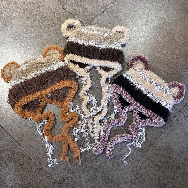 Ears Tassels Bear Knitted Cap For Women Winter Soft Warm Breathable Fashion Hat