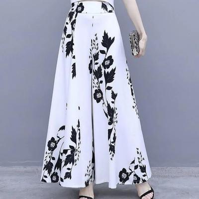 Women's Summer Long Pants Skirt Contrast Color Flower Print High Waist Slimming Plus Size Trousers Skirt