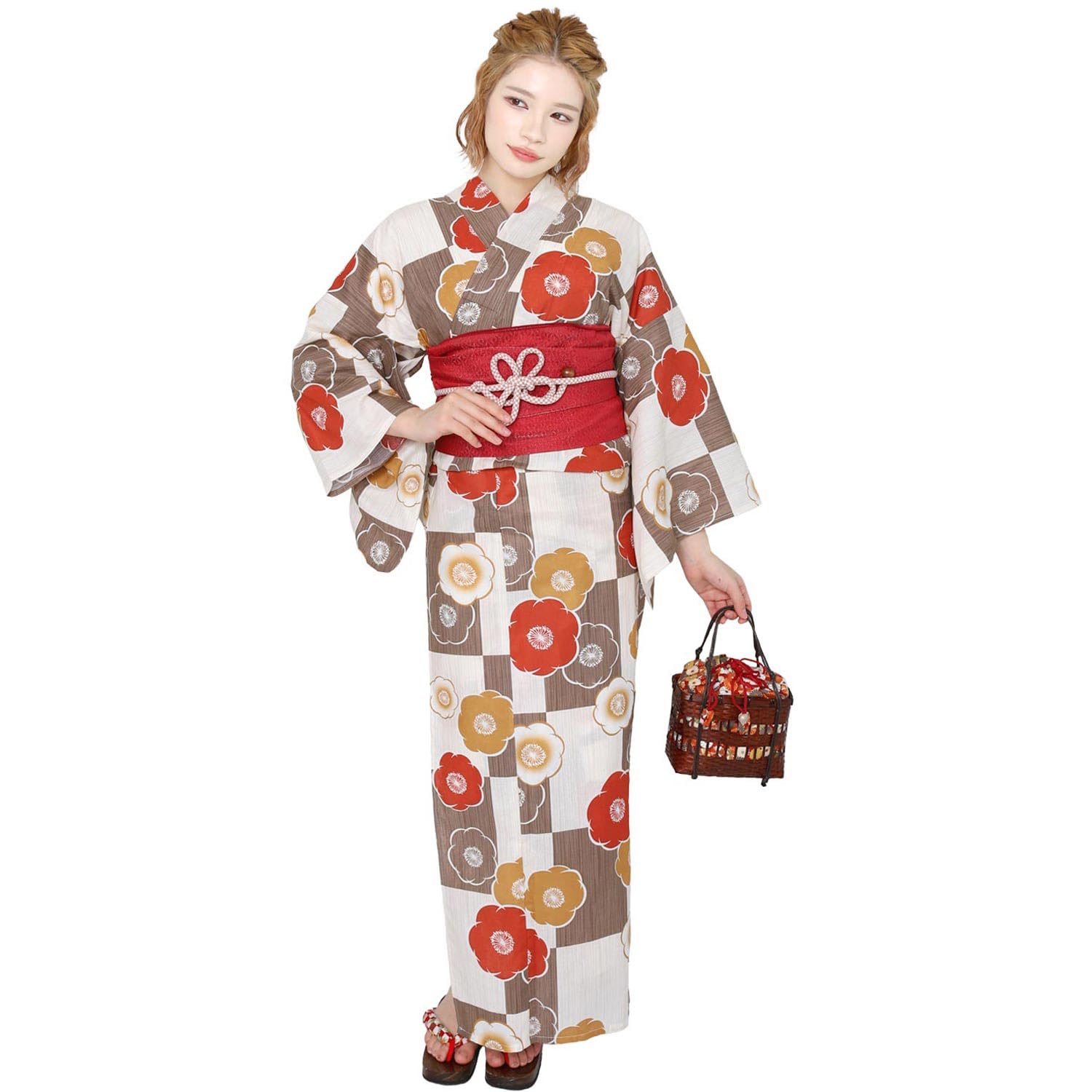 [Fuuka] Women s Cotton Yukata (Sold Separately), Free Size, Camellia Checkered Pattern, Beige
