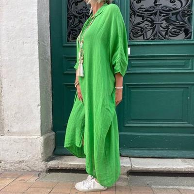 Summer Women Dress V Neck Split Hem Three Quarter Sleeves Loose Plus Size Solid Color Soft Breathable Mid-calf Length Casual Daily Midi Dress