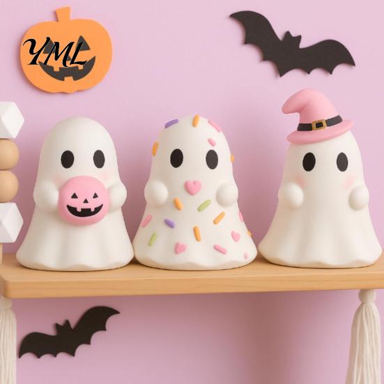 Desktop Halloween Decoration Cute Ghost Resin Figurine, Candy Pumpkin Witch Hat Figurine for Kids Desk Decor Girls, Pink White Kawaii Tabletop