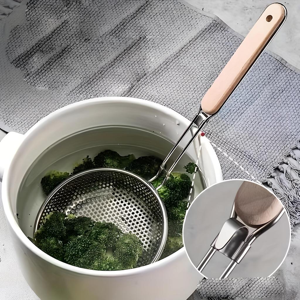 Deluxe Stainless Steel Fine Mesh Colander with Ergonomic Wooden Handle - Premium Skimmer Spoon for Efficient Cooking, Food Preparation