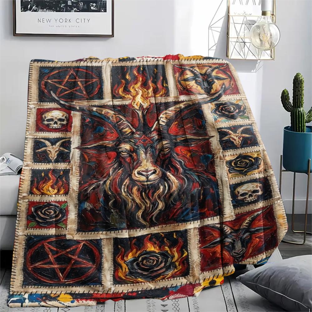 1Pc Goat Demon Print Flannel Blanket, High quality Comfortable for All Seasons, Home Decor, Warmth and Comfort, Perfect for Christmas Gifts W143
