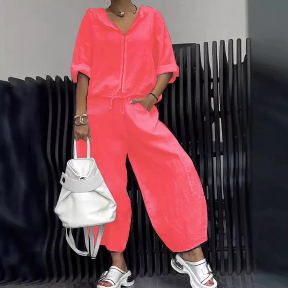 Women's White Casual Hooded Zip-Up Short Sleeve Top with Wide Leg Pants Set