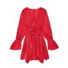 Kaslead New Women clothes Western Style Fashion Simple Loose Long sleeve V-neck Lace-up Dress