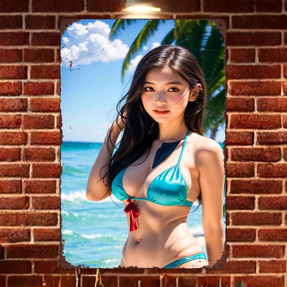 

HD Tin Sign Vintage Asian Girl in Teal Bikini at Tropical Beach Metal Wall Art Retro Decor for Home Bar Cafe 20x30cm（7.8x11.8inch）