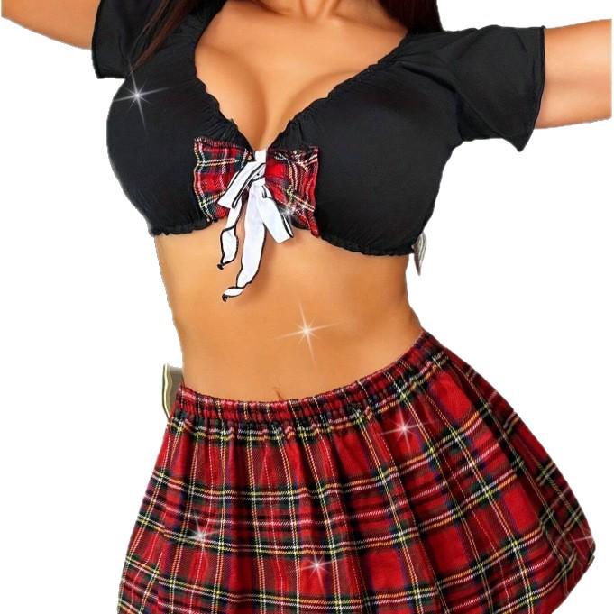 European & American Style Sexy COS Plaid Mini Skirt Lingerie Set