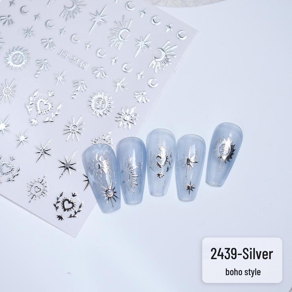 Metallic Star & Moon Nail Art Stickers (Gold & Silver) - Hollow Heart, Moon, Four-Pointed Star Design