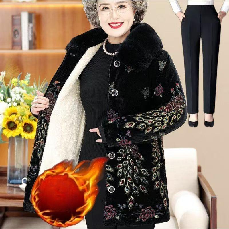Winter Warm Fleece Lined Coat for Middle Aged Women Thickened Printed Cotton Clothes