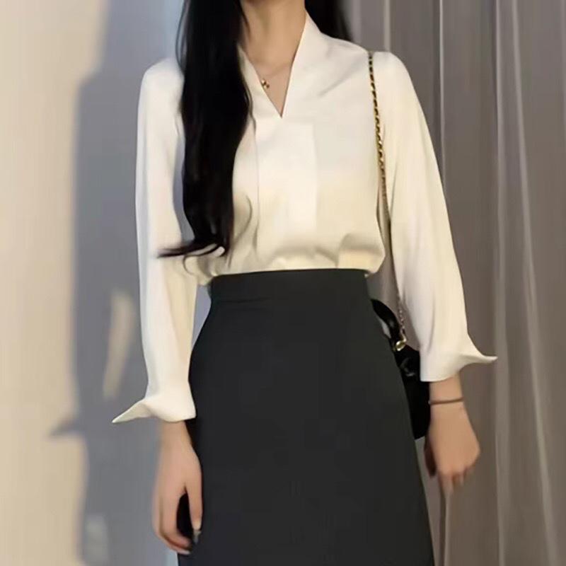Women's White V-Neck Formal Shirt - Summer Workplace Style