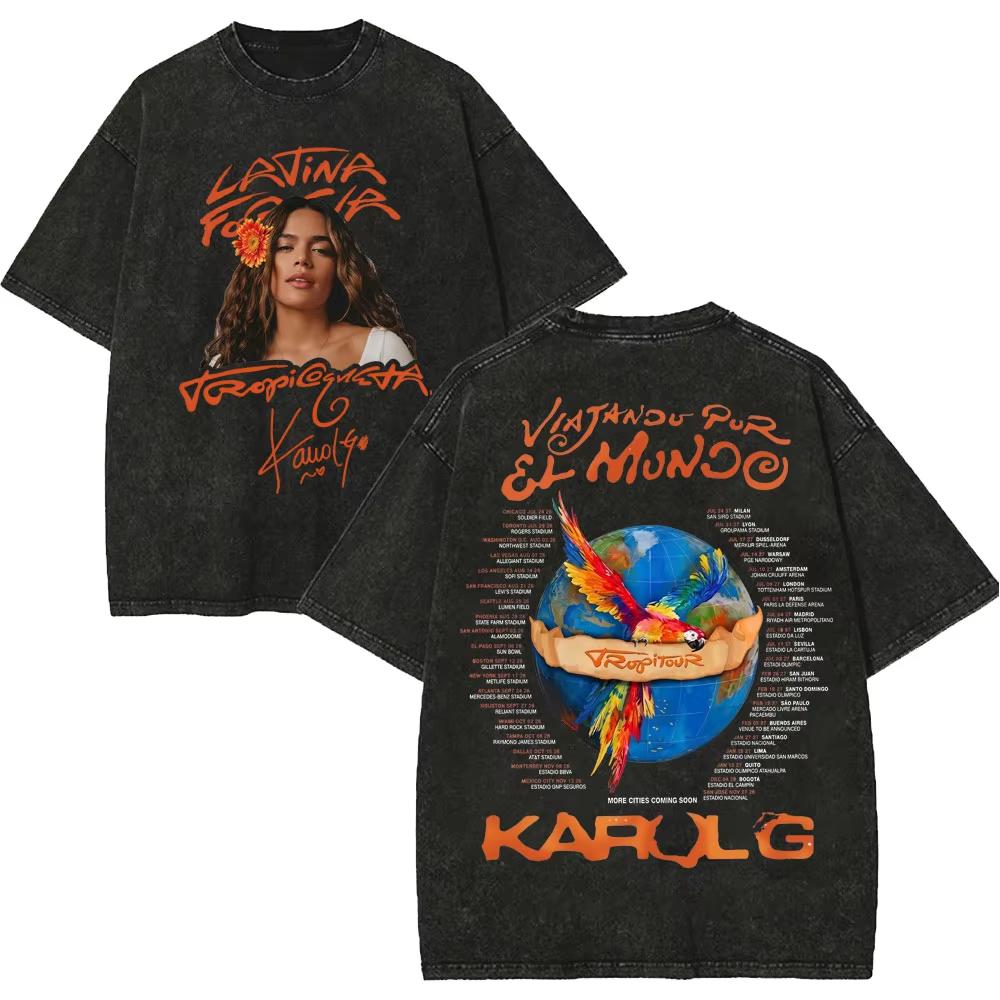 2026 Vintage Washed Karol G Tropicoqueta Tour 2026 T-shirts Men Women Fashion Pop Music T Shirt Summer Casual Loose Cotton T-shirt Short Sleeve Tee L