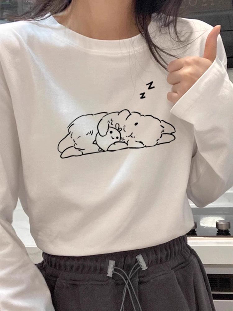 Women s Cute Kitten Long Sleeve White Cotton Shoulder Top XXXL