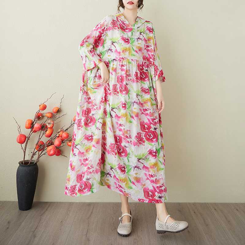 Ladies' Retro Gentle Wind and Cloud Brocade Cotton and Hemp Hooded Dress