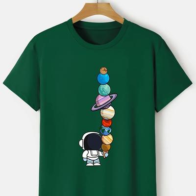 Summer Cotton Cartoon Astronaut Planet Print Loose Large Casual Round Neck Short Sleeve T-shirt