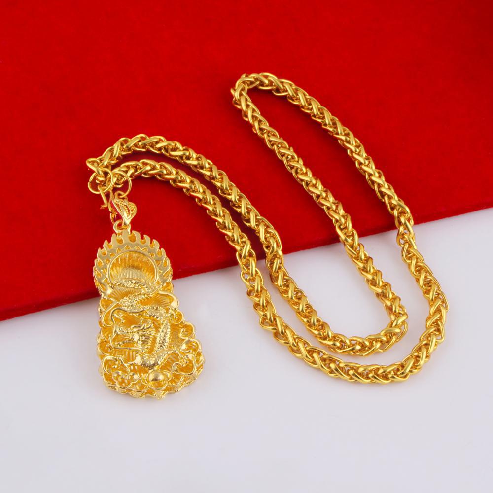 Men's Gold-plated Large Tag Necklace, Flame Square Dragon Brand, Guanyin Maitreya Buddha Pendant Necklace.