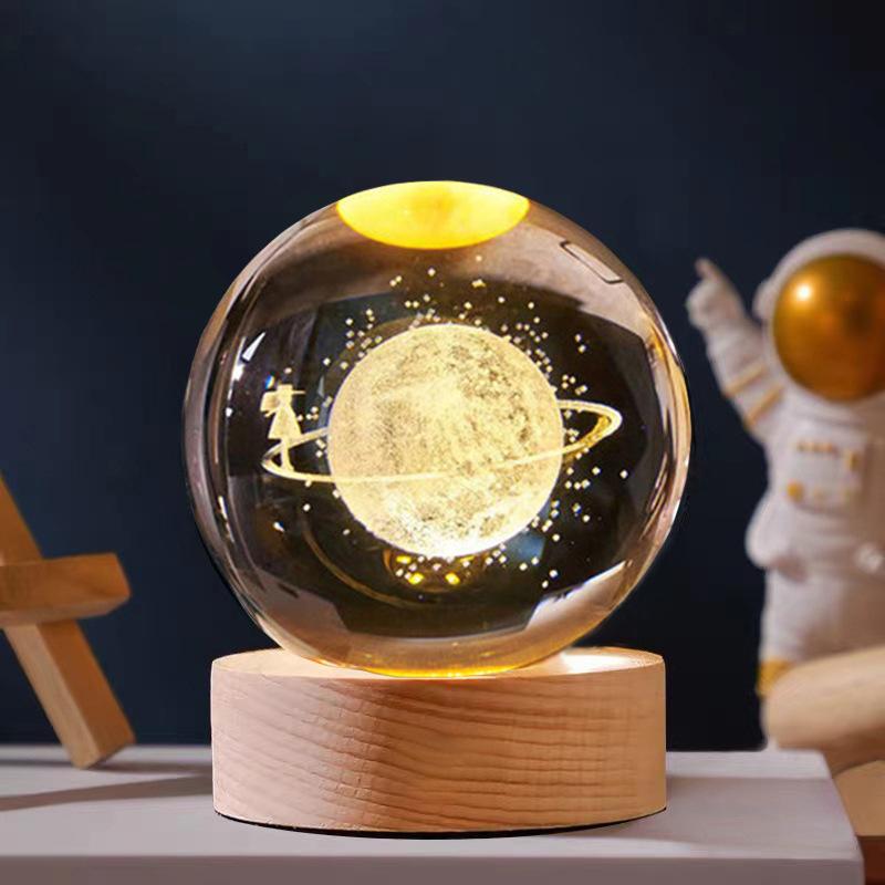 3D Crystal Ball Light Solar System Planet Pattern Crystal Ball Round Wooden Base Night Light for Kids Bedroom Table Desk Decor