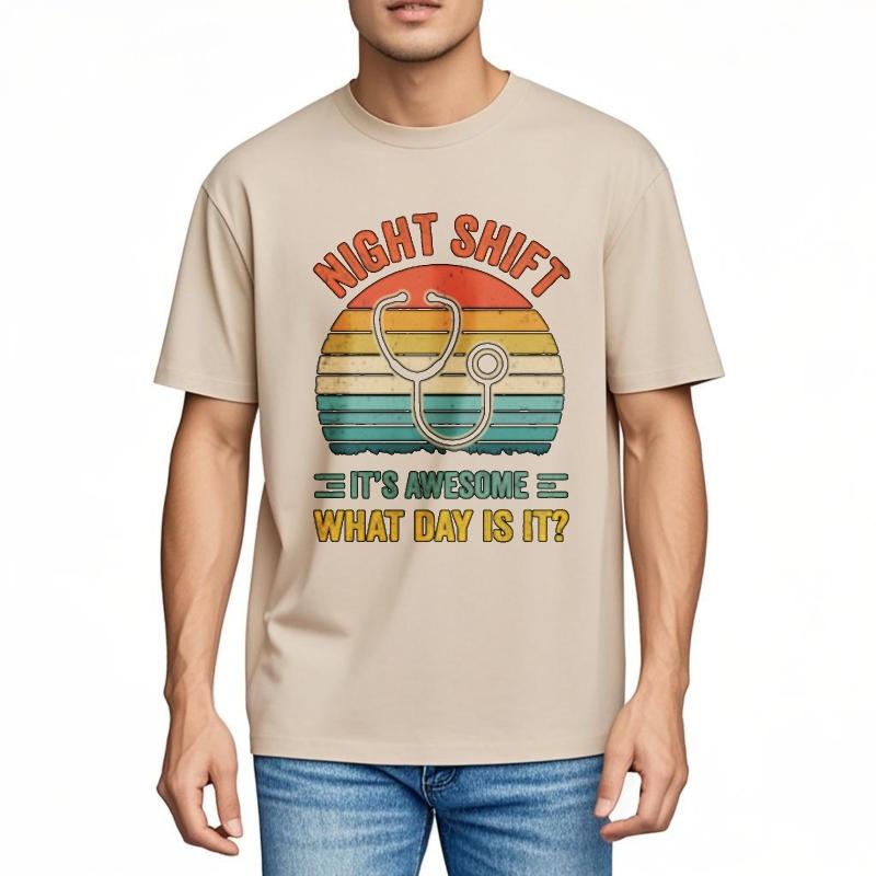Solid Color Unisex Oneck Tshirt Cotton Night Shift Stethoscope Sunset Design Awesome What Day Is It Everyday Boys Teeshirt