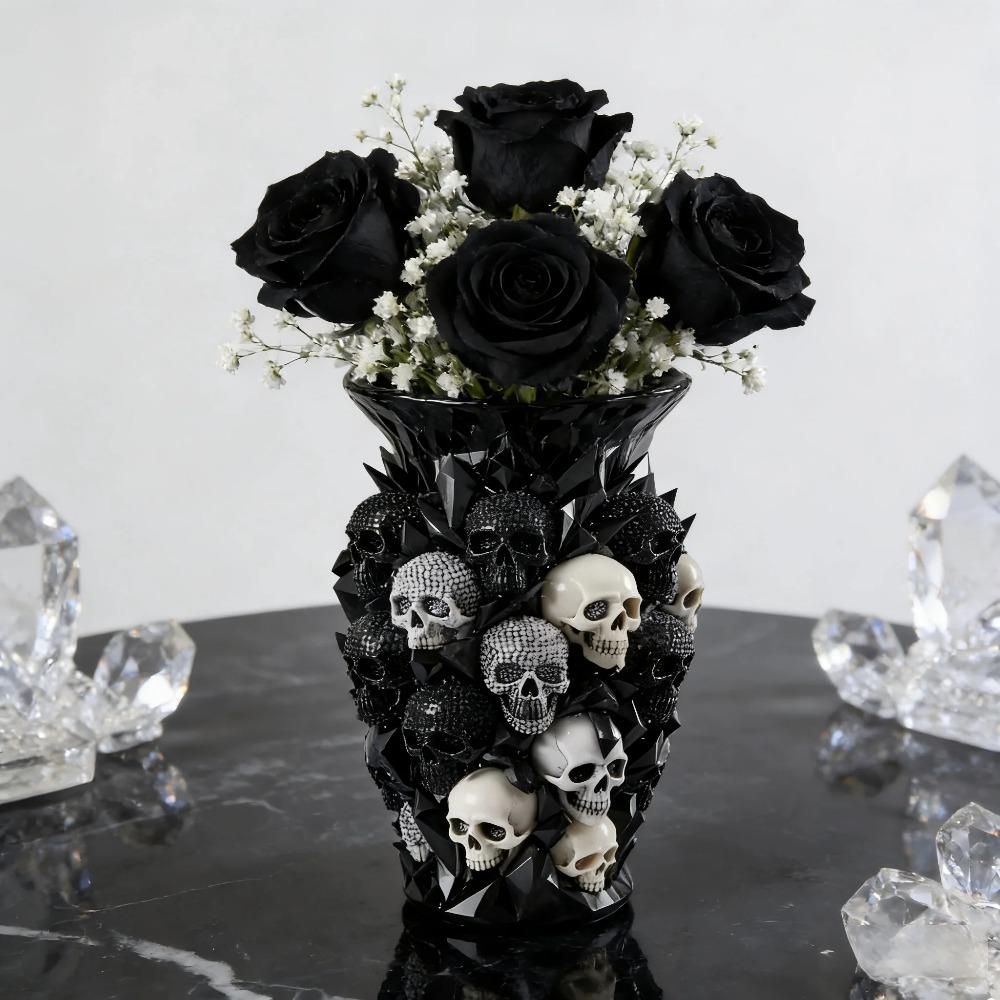 3D Skull Decorative Vase, Black Resin Flower Holder, Gothic Home Decor, Halloween Table Centerpiece, Unique Gift for Alternative (as the picture,S)