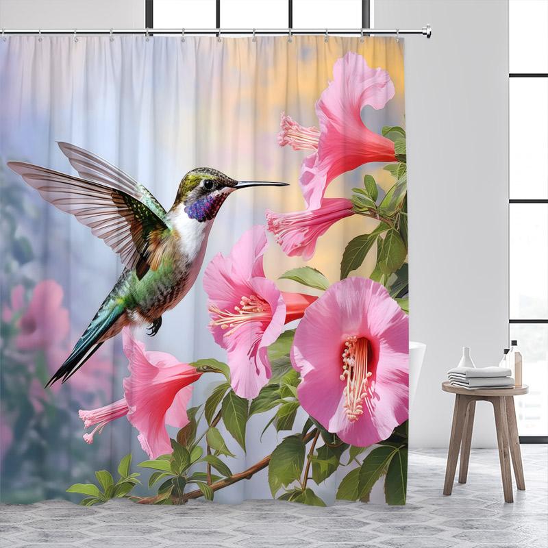 Hummingbird Shower Curtain Watercolour Floral Purple Lavender Butterfly Plant Polyester Fabric Bathroom Curtain Decor With Hooks