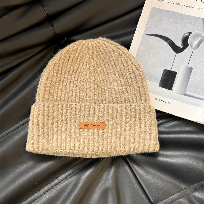 Knitted hat women's ins tide with letters small leather label warm pullover hat autumn and winter thin street ear protection cold hat