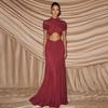 2026 new women's fashion temperament sexy hollow hip wrap pleated solid color dress long dress European and American clothing