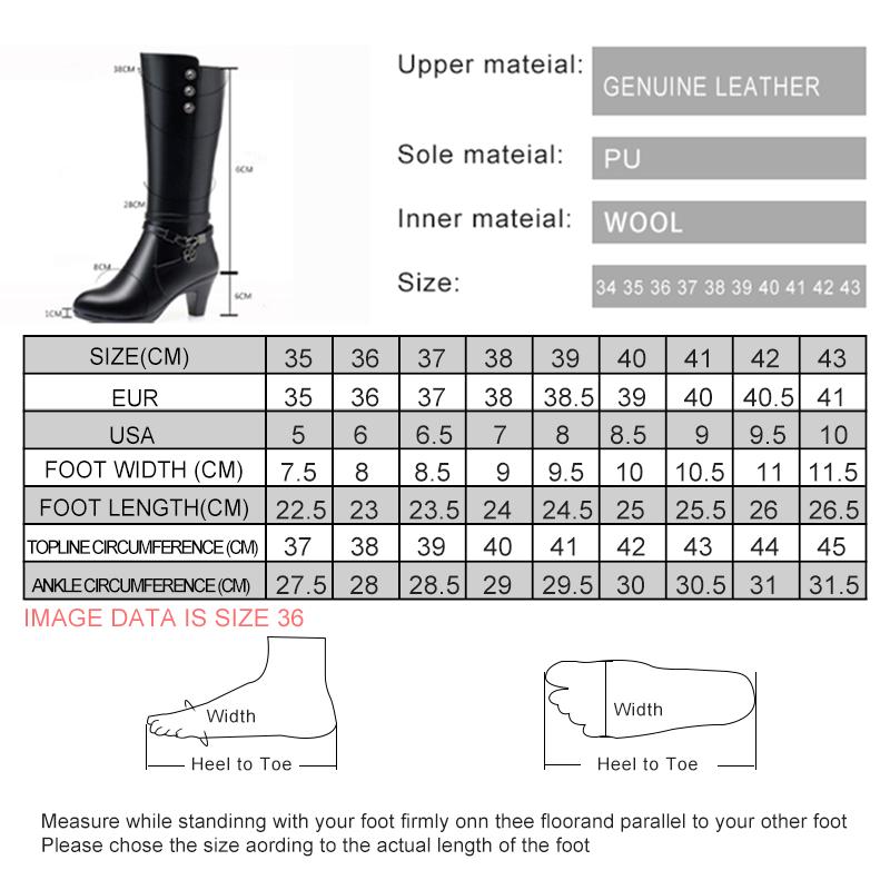 New Winter Footwear Genuine Leather Women's Boots Fashion Chain Wool Warm Boots Women High Heel Riding Boots Shoes Women