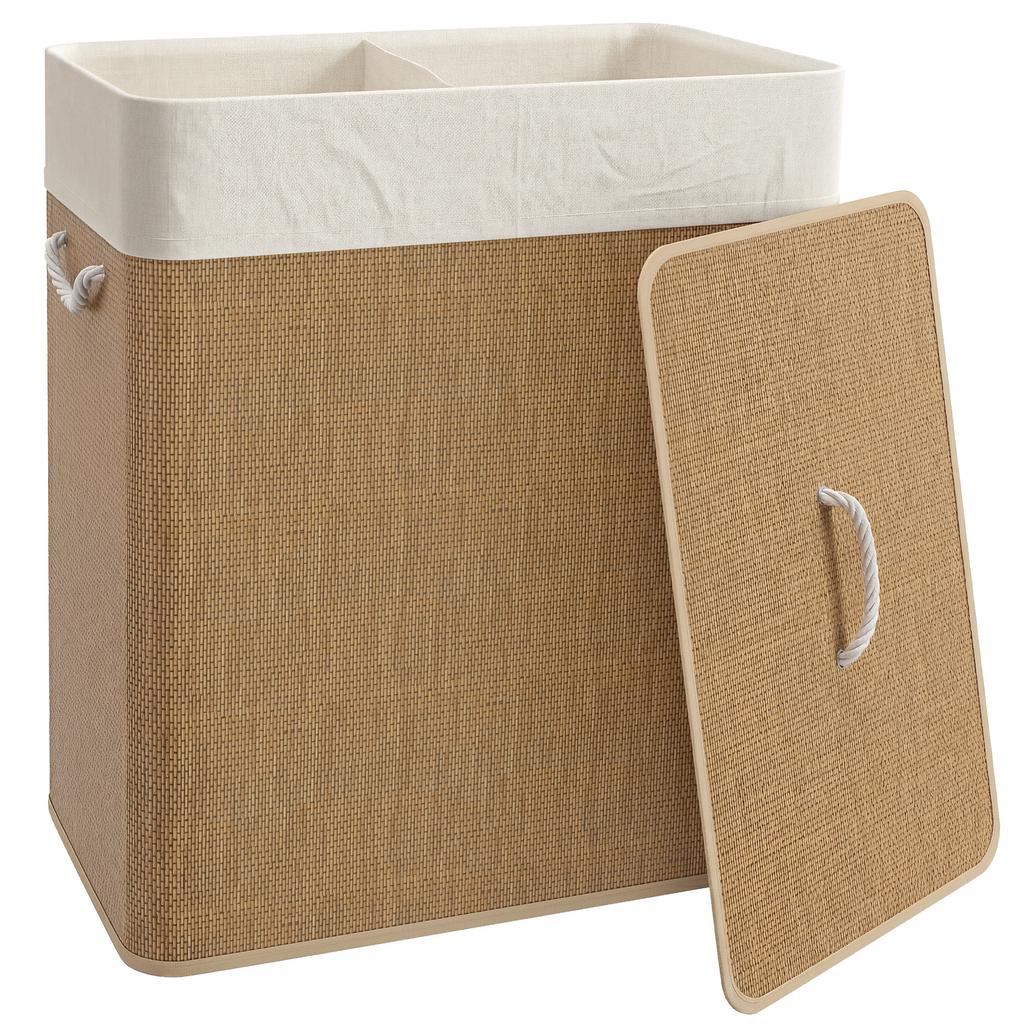 2 Section Laundry Basket with Lid, 100L Bamboo Laundry Hamper with Handles, Removable and Washable Liner, Brown