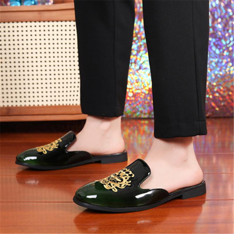 Trend New Men's Half Slippers Embroidery Patent Leather Shoes Male Casual Mules Moccasins Breathable Loafers Zapatos Hombre