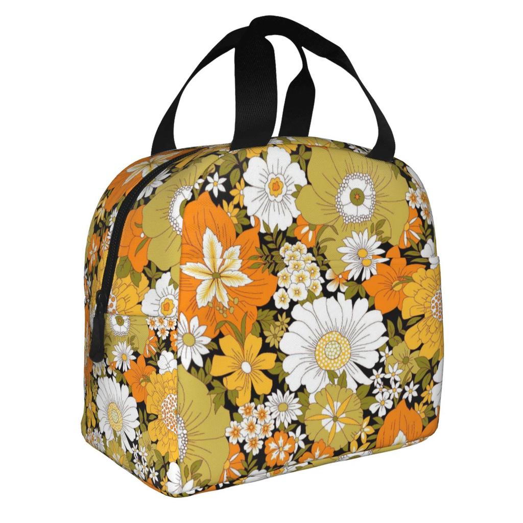 Colorful Boho Floral Bright Blossoms Print Lunch Bag Portable Thermal Cooler Insulated Bento Box for Kids Food Tote Bags