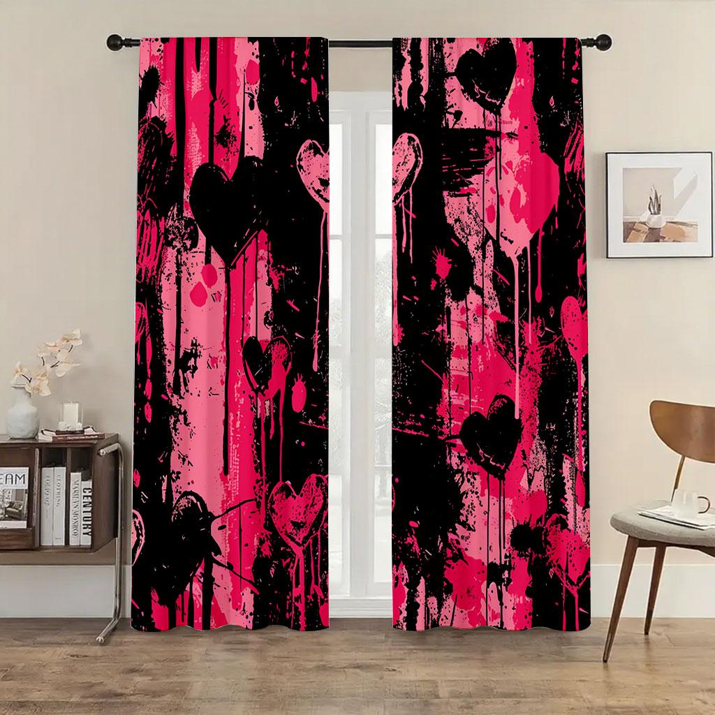 

Set Of 2 Black Powder Splashed Ink Heart Shaped Curtains Trendy Cool Bedroom Living Room Decorative Drawbar Pockets Curtain For Great Made Polyester W100*H70(CM)-Hooks&2PCS