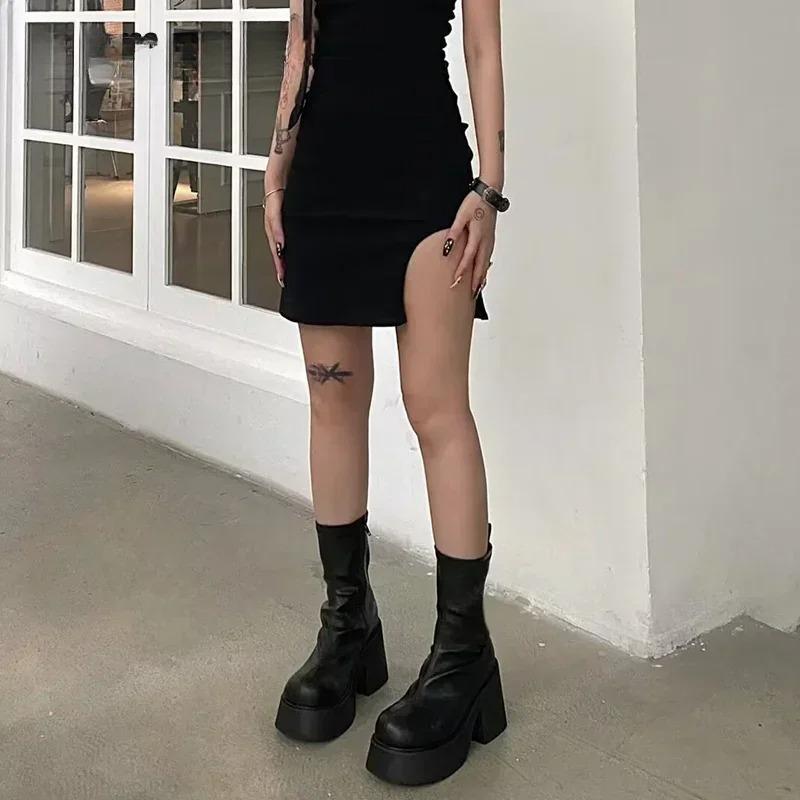 Stivaletti alla Caviglia con Plateau alla Moda per Donna Nuova Moda Cerniere Laterali Stivaletti Corti Femminili Eleganti Neri Tacco Alto Quadrato Donna Stivaletti Moderni