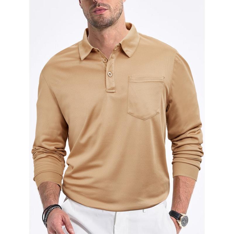 Men's Casual Loose Button Placket Solid Color Long Sleeve Mesh Lapel Men's Polo Shirt Shirt