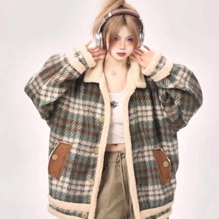 

Ретро Куртка из овечьей шерсти Зимний дизайн Новый короткий стиль Принтованная Свободная Овечья шерсть для женщин 2XL зелёный