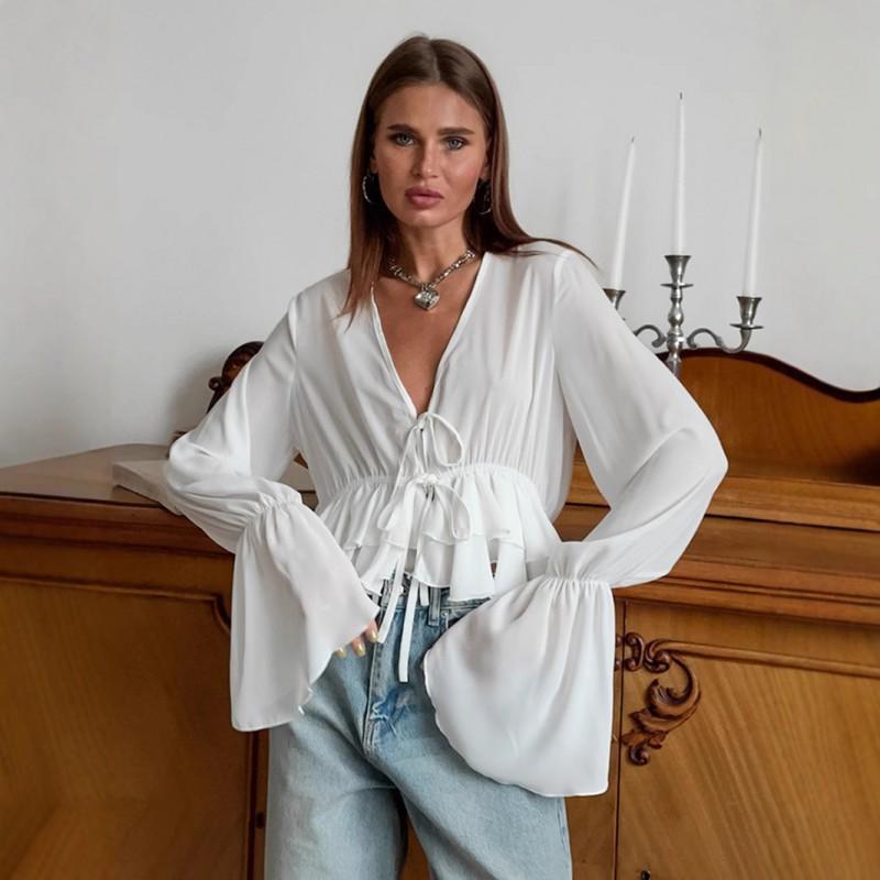 Womens White Chiffon Blouse V-Neck Loose Fit Flared Sleeve Tie Front Elegant Office Wear 2025