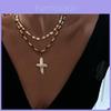 Vintage Pearl Cross Necklace With Geometric Pendant For Women