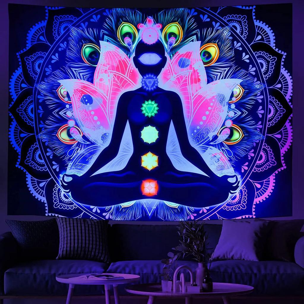 Psychedelic Black Light Mandala Fluorescent Tapestry Buddha Uv Reactive  Wall Hanging Hippie  Room Decoration