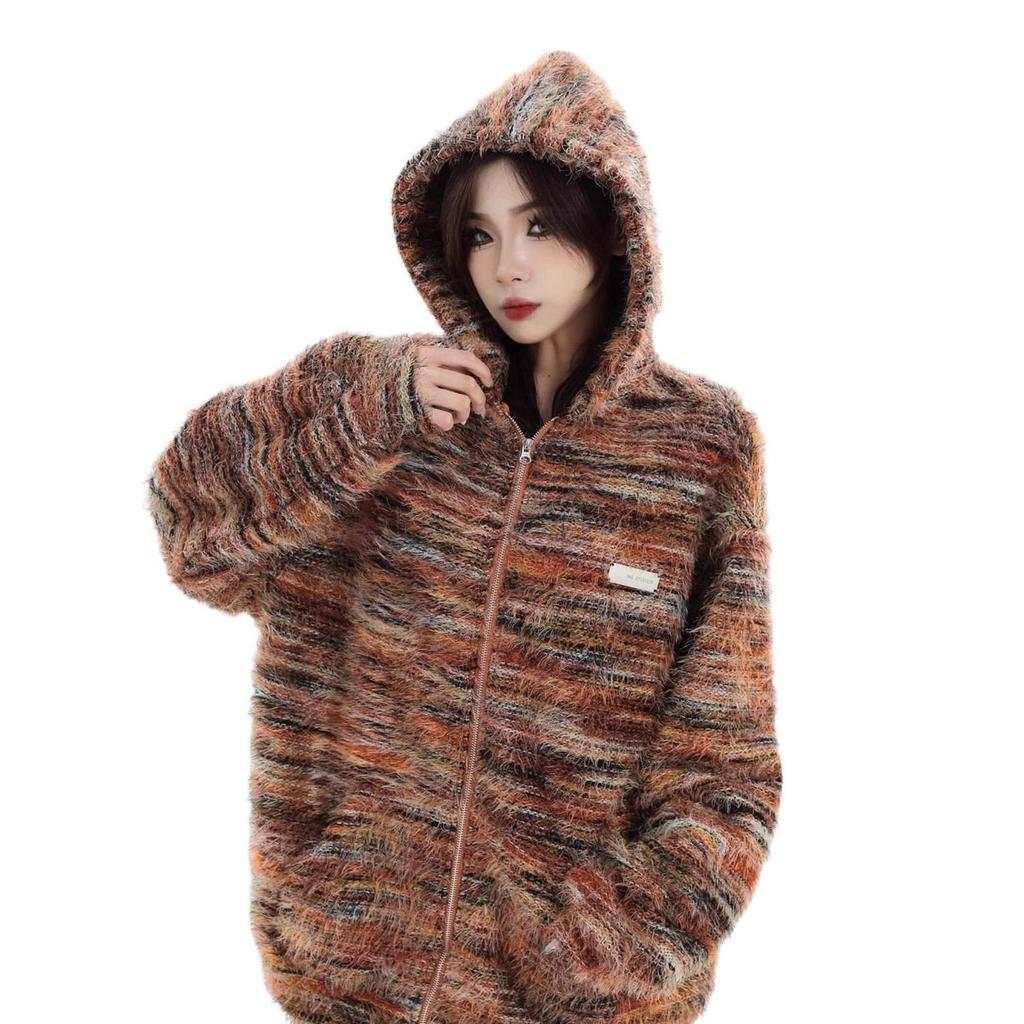 Women's Autumn/Winter Striped Hooded Sweater Coat - Loose Casual Knit Cardigan