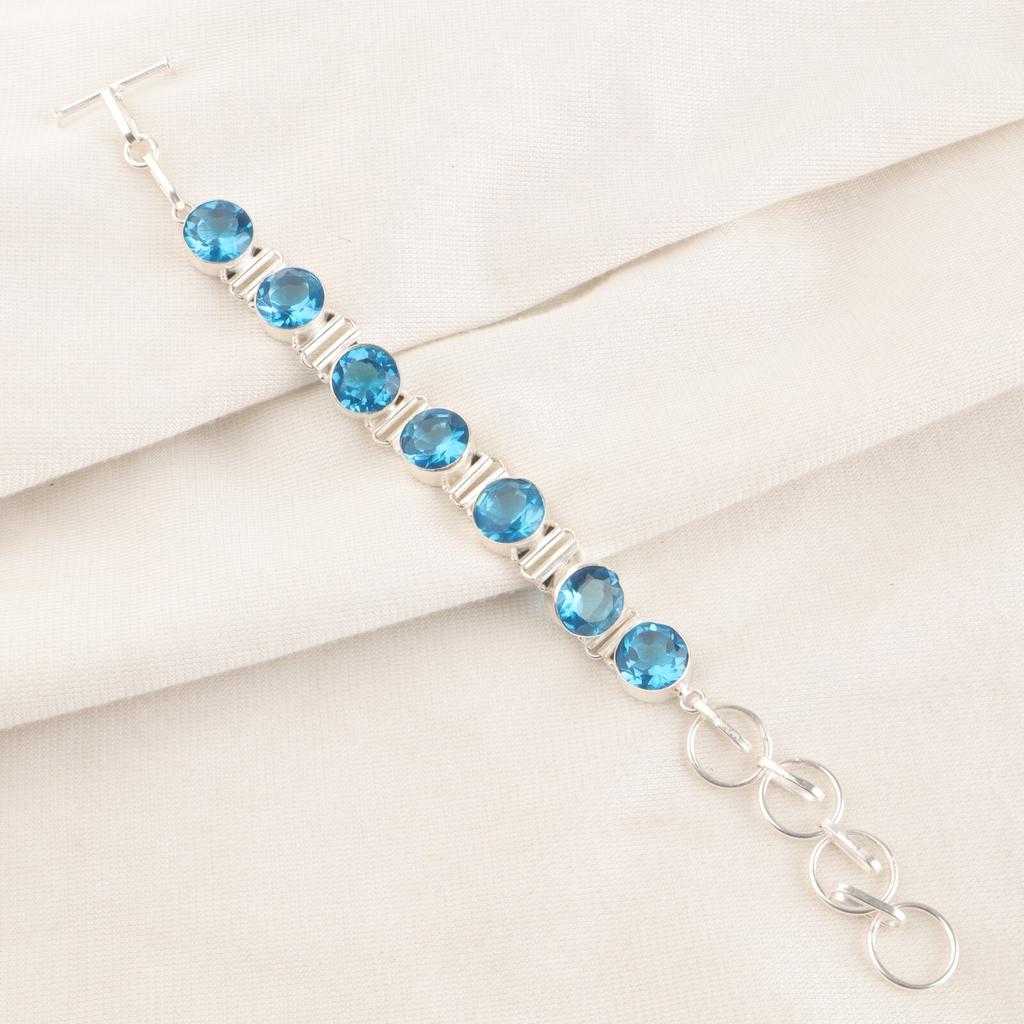 Rare Swiss Blue Topaz Gemstone Handmade 925 Sterling Silver Jewelry Bracelet 9" RB-7-6
