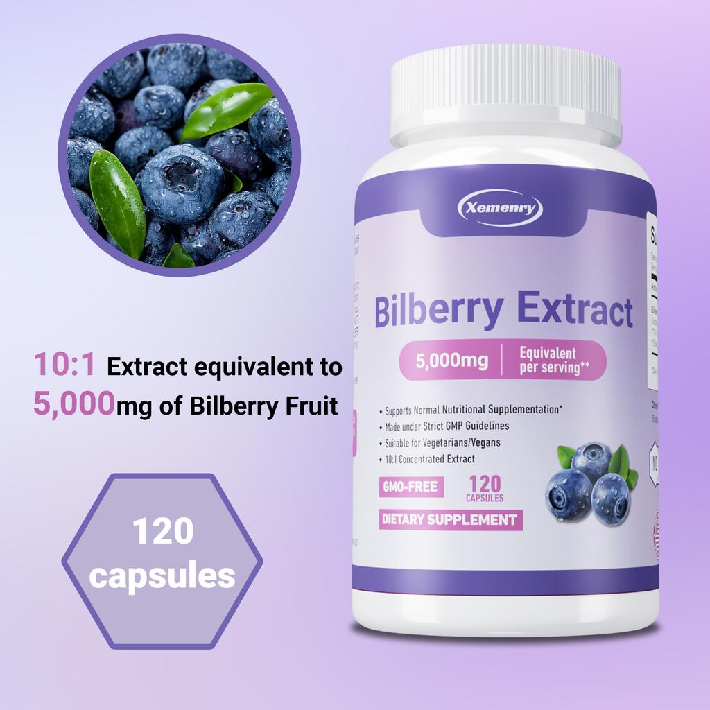XEMENRY Bilberry Extract Capsules, 10:1 Concentrated Extract, 5000 Mg Bilberry Fruit, Suitable for Adults
