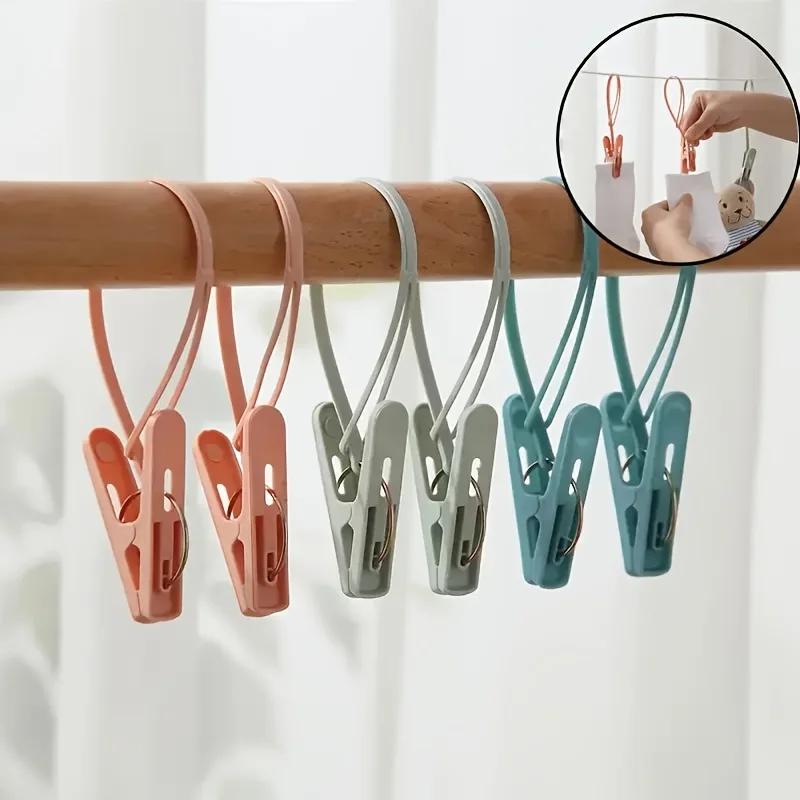 12pcs Windproof Drying Clips with Rope, Multi-Purpose Plastic Clothespins for Towels Socks, Travel & Home Use